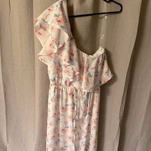WHITE/PINK FLOWER One-Shoulder Maxi dress. Silk. LIKE NEW
